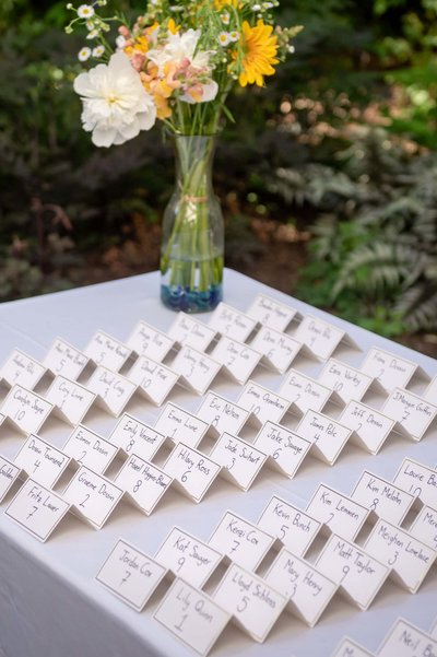 Elegant escort card display at Long Hill wedding reception