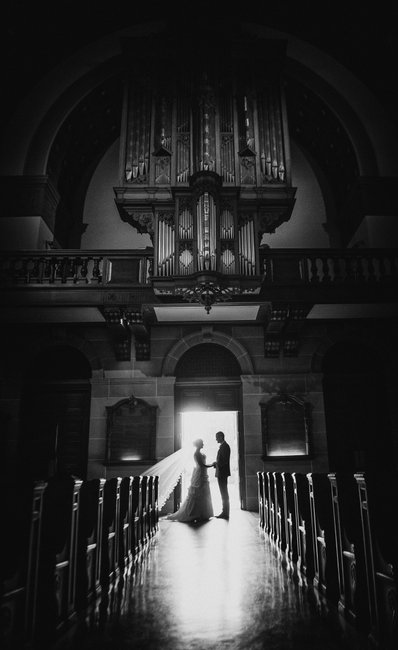 Creative black and white wedding photos at Holy Cross