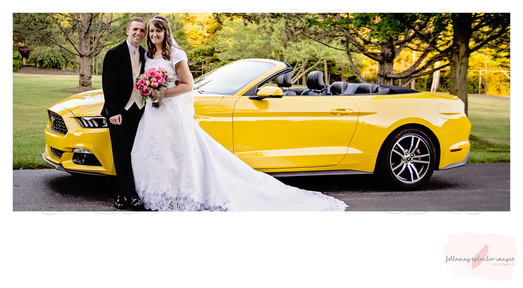 Bride and Groom and Bright Yellow Mustang 