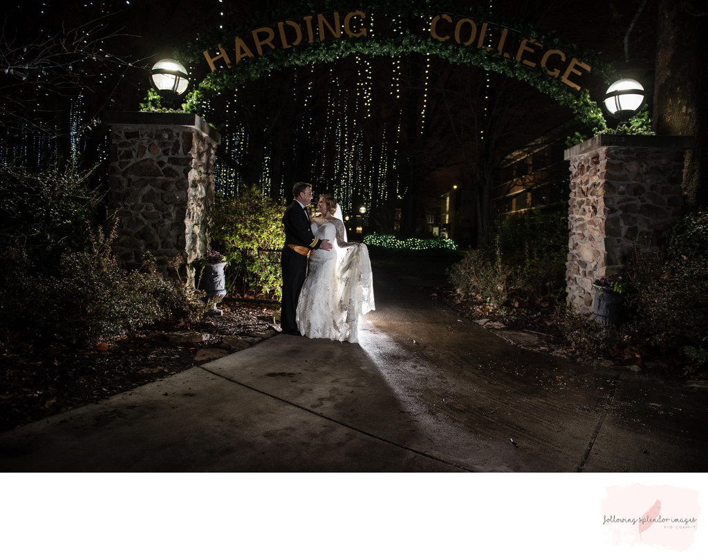 Bride and Groom Night-Time Photo at Harding College