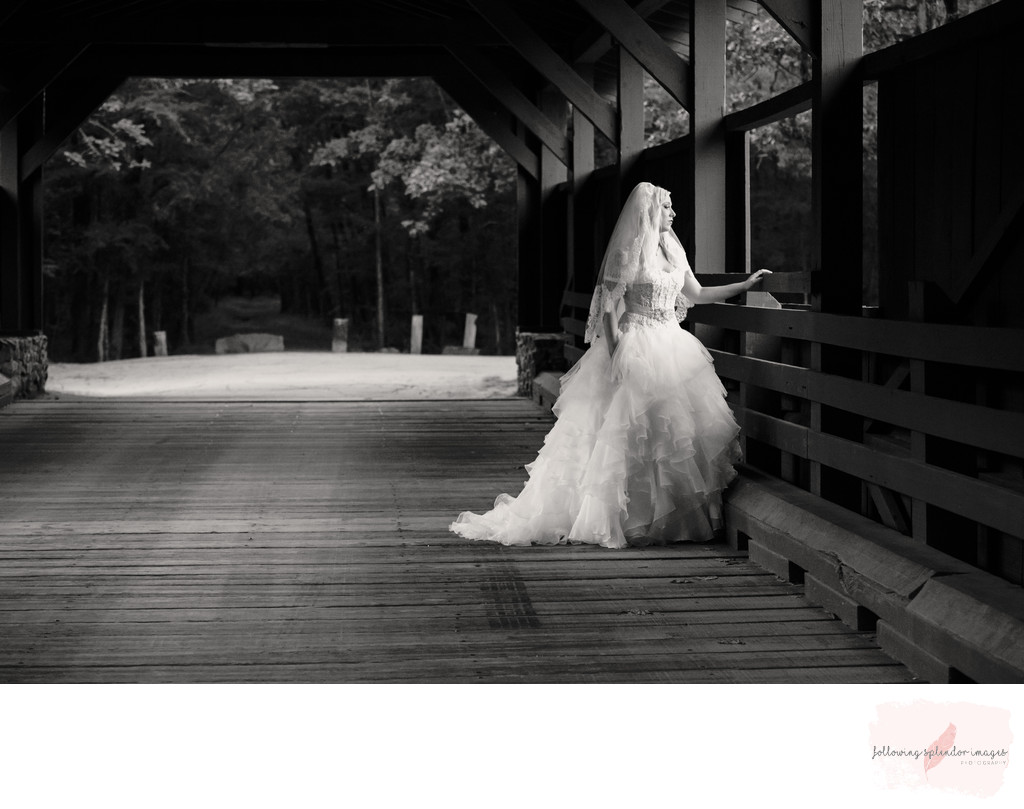 Bridal Portrait on Wooden Bridge Black and White 