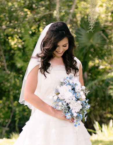 Spring Wedding Bridal Portrait with Blue and White Boquet