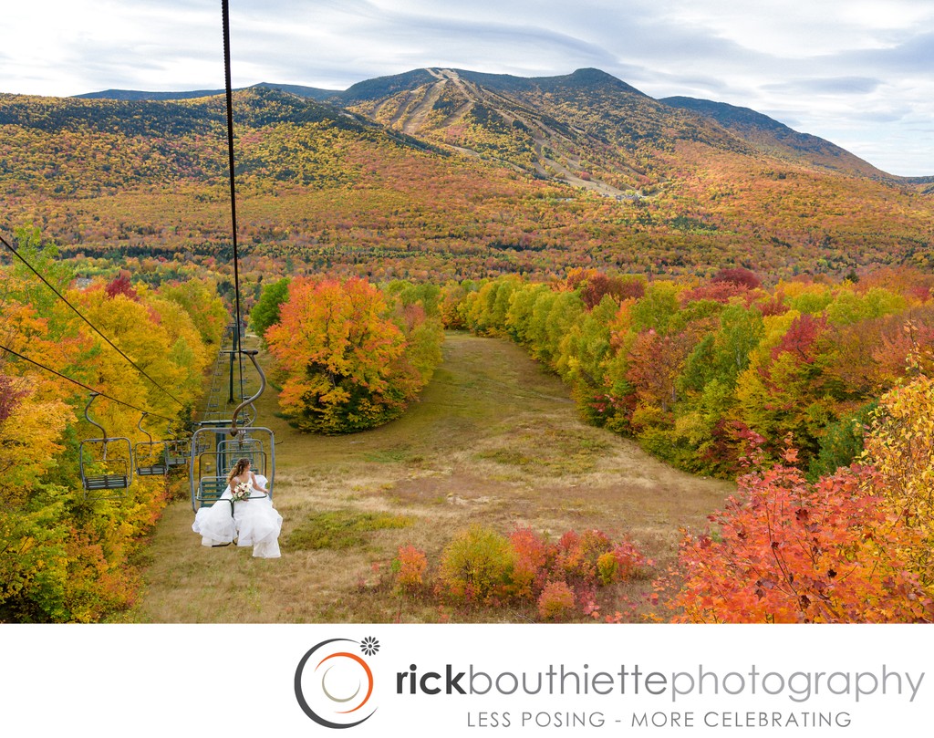 Bride on Chairlift With Fall Foliage, Waterville Valley