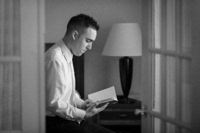 GROOM REVIEWING VOWS - BROOKSTONE PARK  WEDDING