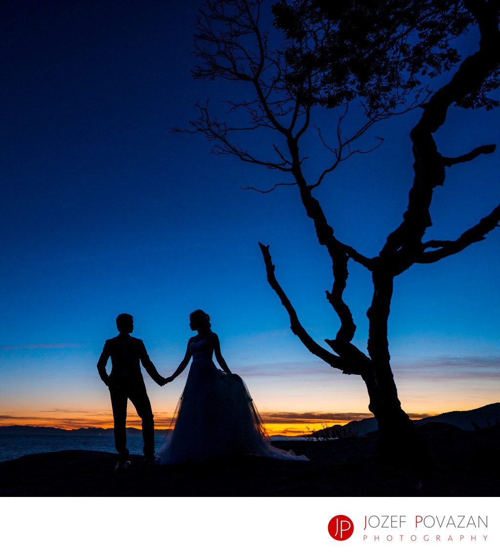 Dramatic sunset wedding silhouette pic Lighthouse park