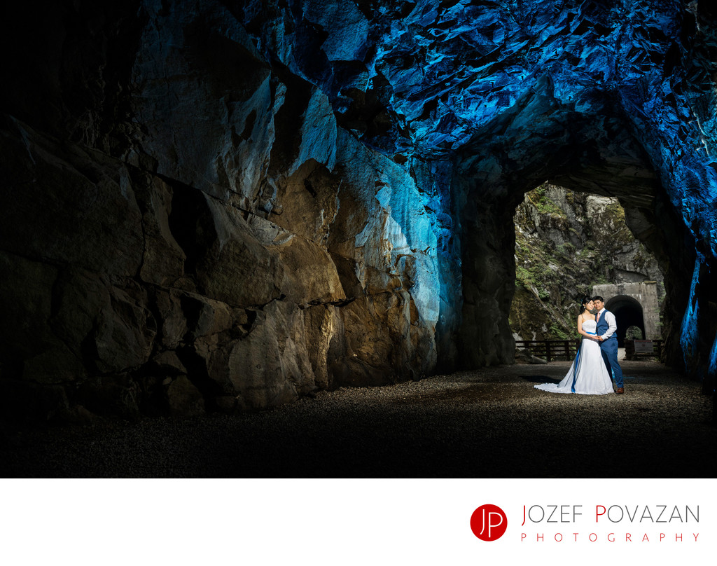 Strobing wedding portraits in Othello Tunnels, Hope, BC