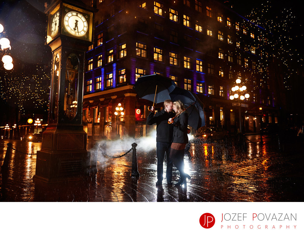 Rainy engagement pictures Gastown Vancouver night shoot
