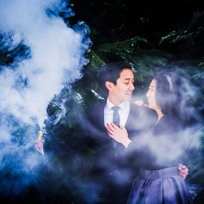 Winter snow engagement at Cypress with smoke bomb stick