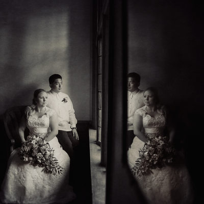Brockhouse Wedding Bride and Groom Reflection in glass