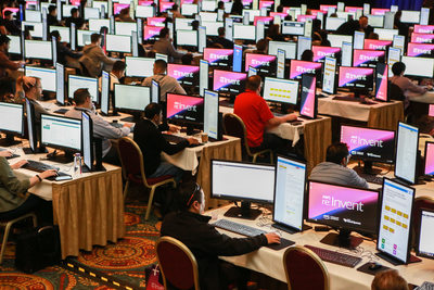 A sea of computer monitors at AWS re:Invent 2019
