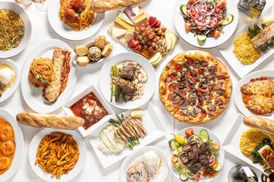 birds-eye photo view looking straight down at Italian food
