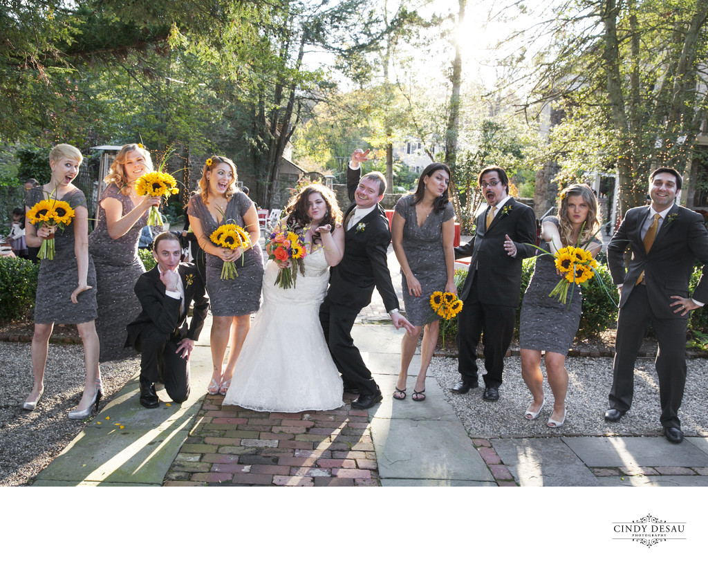 Fun Bridal Party Pose in New Hope with Sunflowers