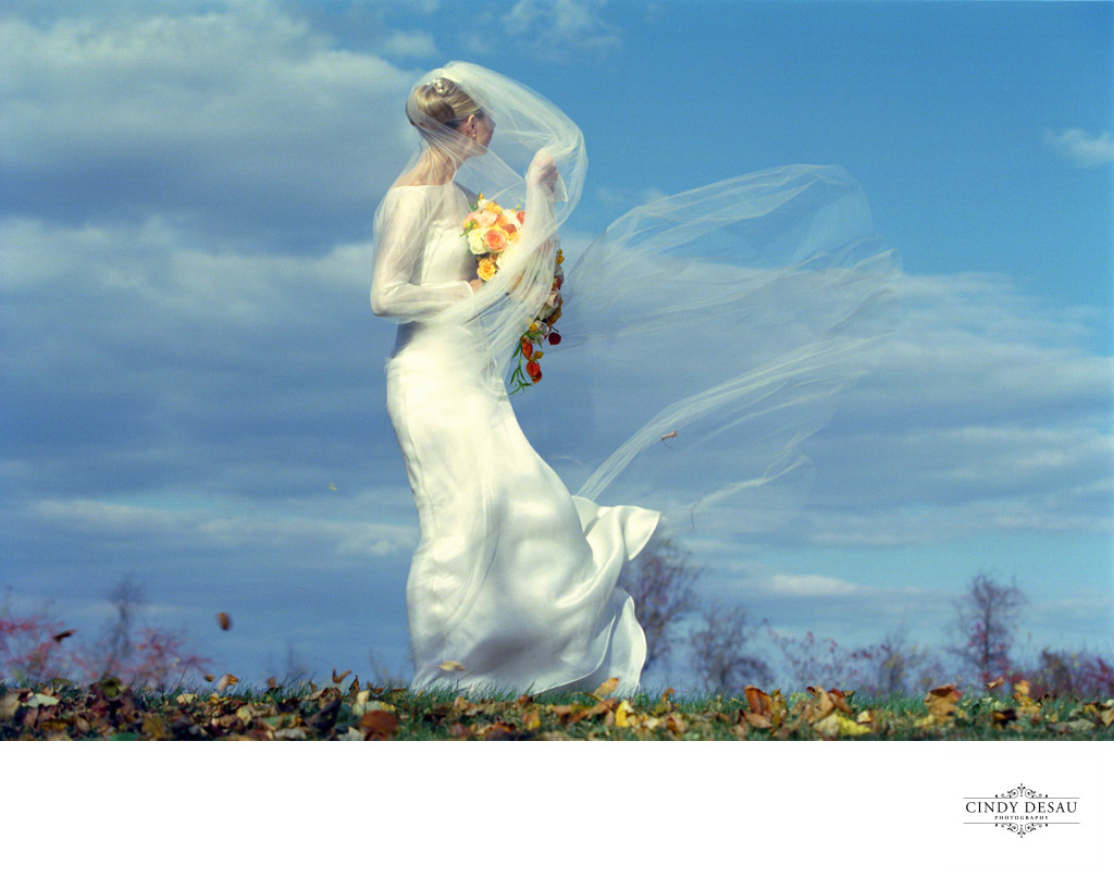 A Long Veil on a Windy Day Makes for a Dramatic Wedding Photo.
