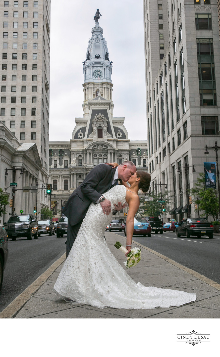 Bride and Groom on Broad Street: Philadelphia City Hall