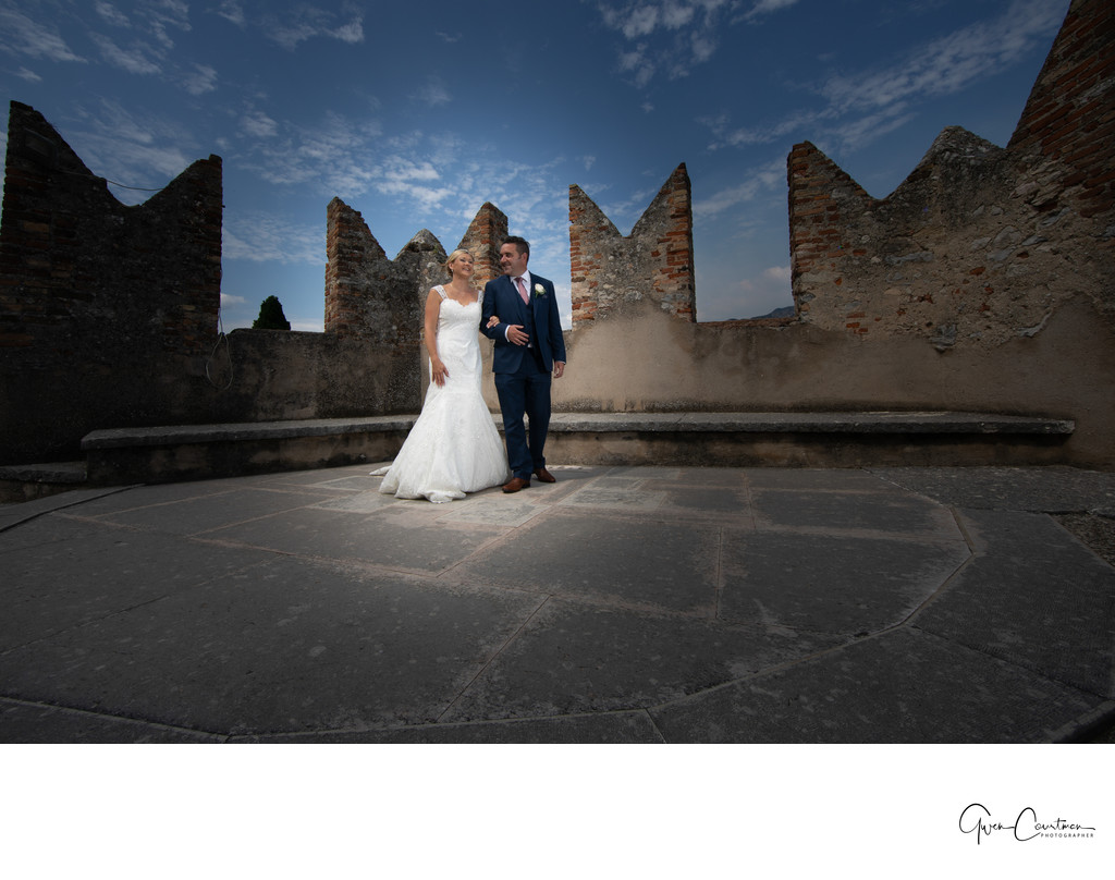 Bride and Groom on wedding terrace, Malcesine Castle