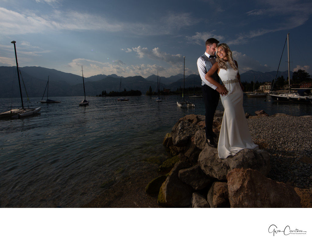 Bride and Groom on the Lakeside, Malcesine, Lake Garda.