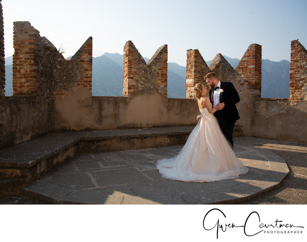 Romantic wedding venues in Italy.  British Wedding Photographer in Italy, Malcesine Castle. Malcesine Castle Award Winning Photographer.