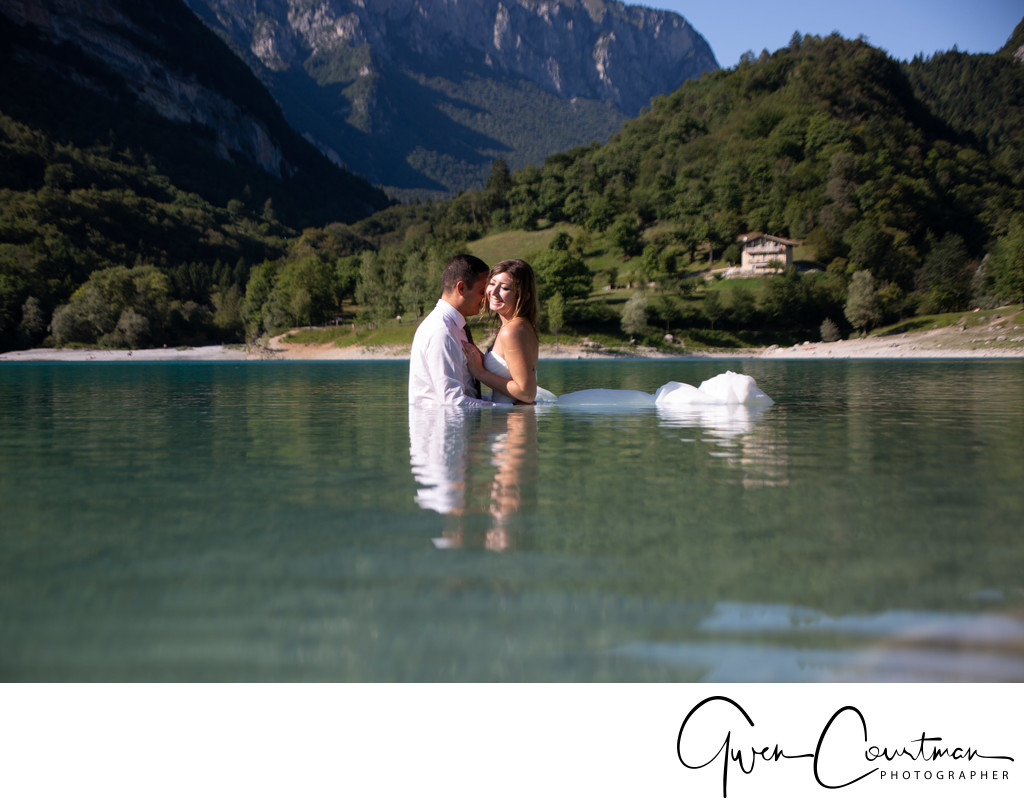 Couples Drown the Gown Session Lake Tenno, Italy