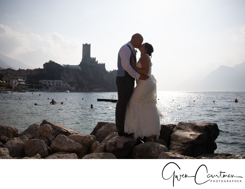Wedding Couple, Malcesine Castle in the background.