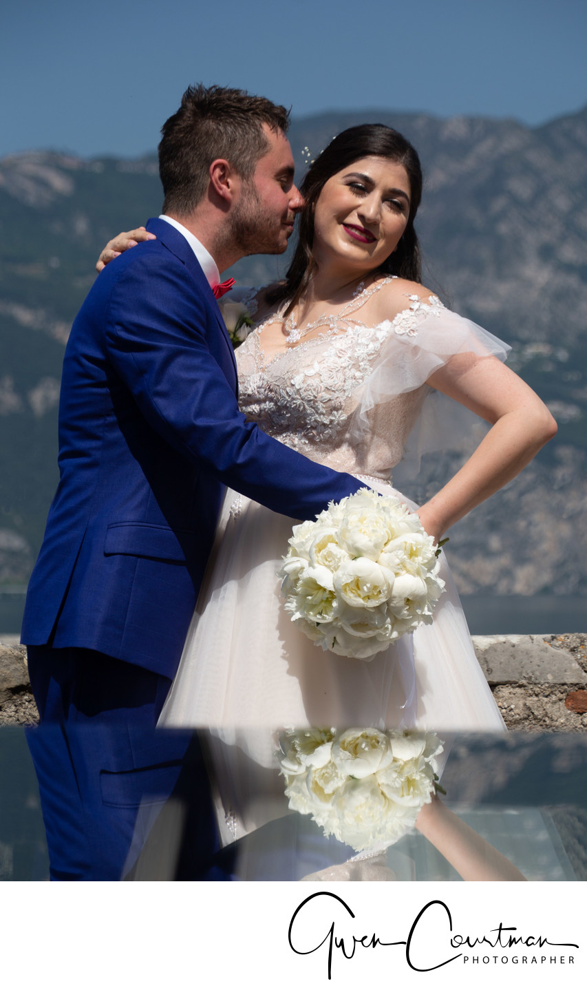 Tina and John, just married in Malcesine Castle