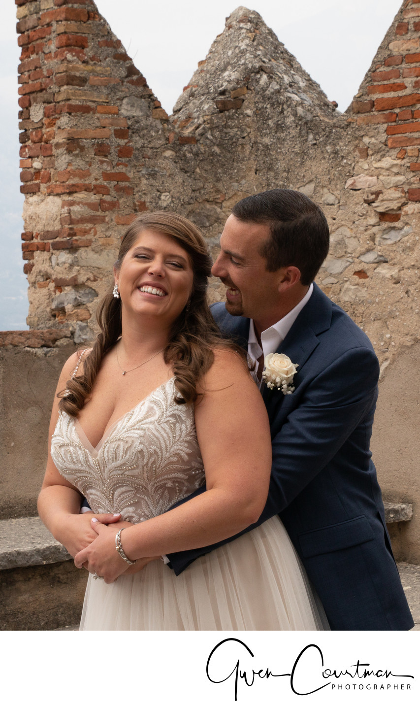 Kirsten and Justin, turrets in Malcesine Castle, Italy 