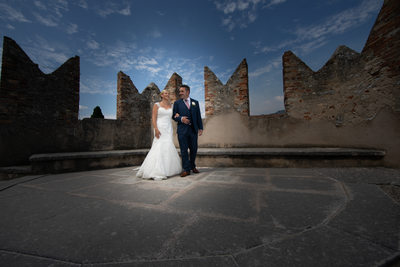 Bride and Groom on wedding terrace, Malcesine Castle