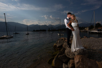 Bride and Groom on the Lakeside, Malcesine, Lake Garda.