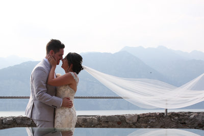Jenna and Harry on the terrace, Malcesine Castle, Italy
