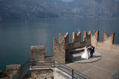 Wedding Couple on Malcesine Castle Dancing Terrace.