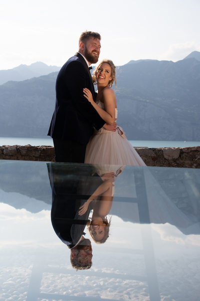 Anna & Dan Malcesine Castle Wedding Terrace reflection