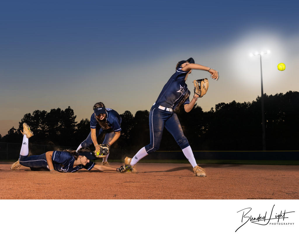 Composite of player fielding and throwing softball