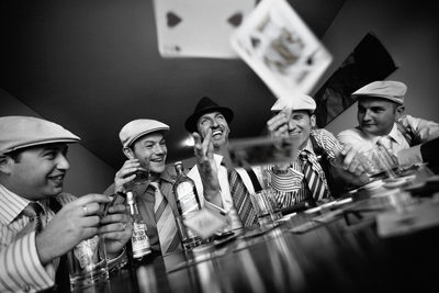 Groom and Guys Playing Cards in Las Vegas