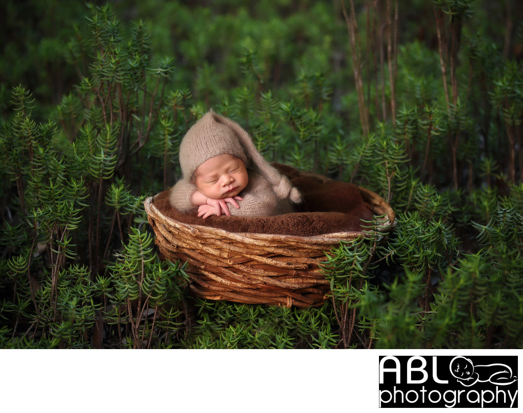 Newborn dwarf sleeping in forest