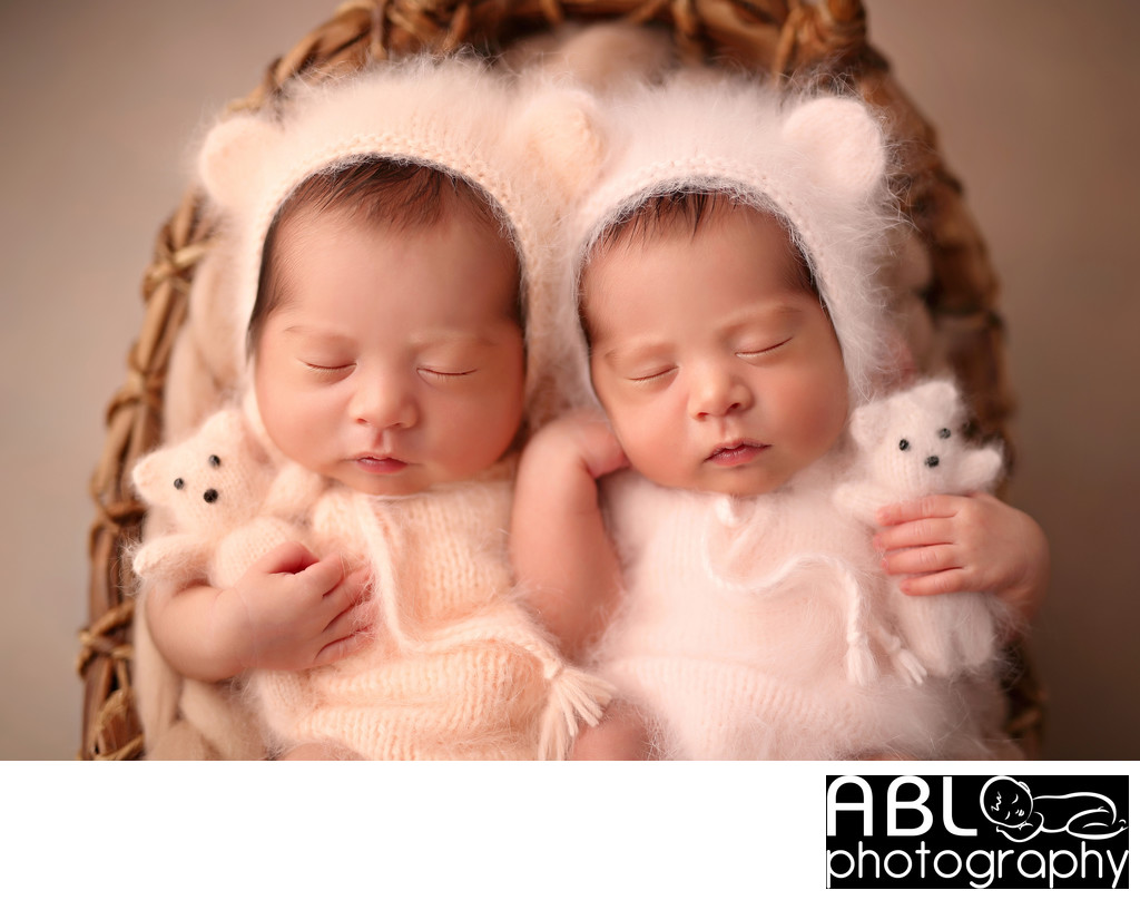 San Diego twins girls newborn photo shoot with bears