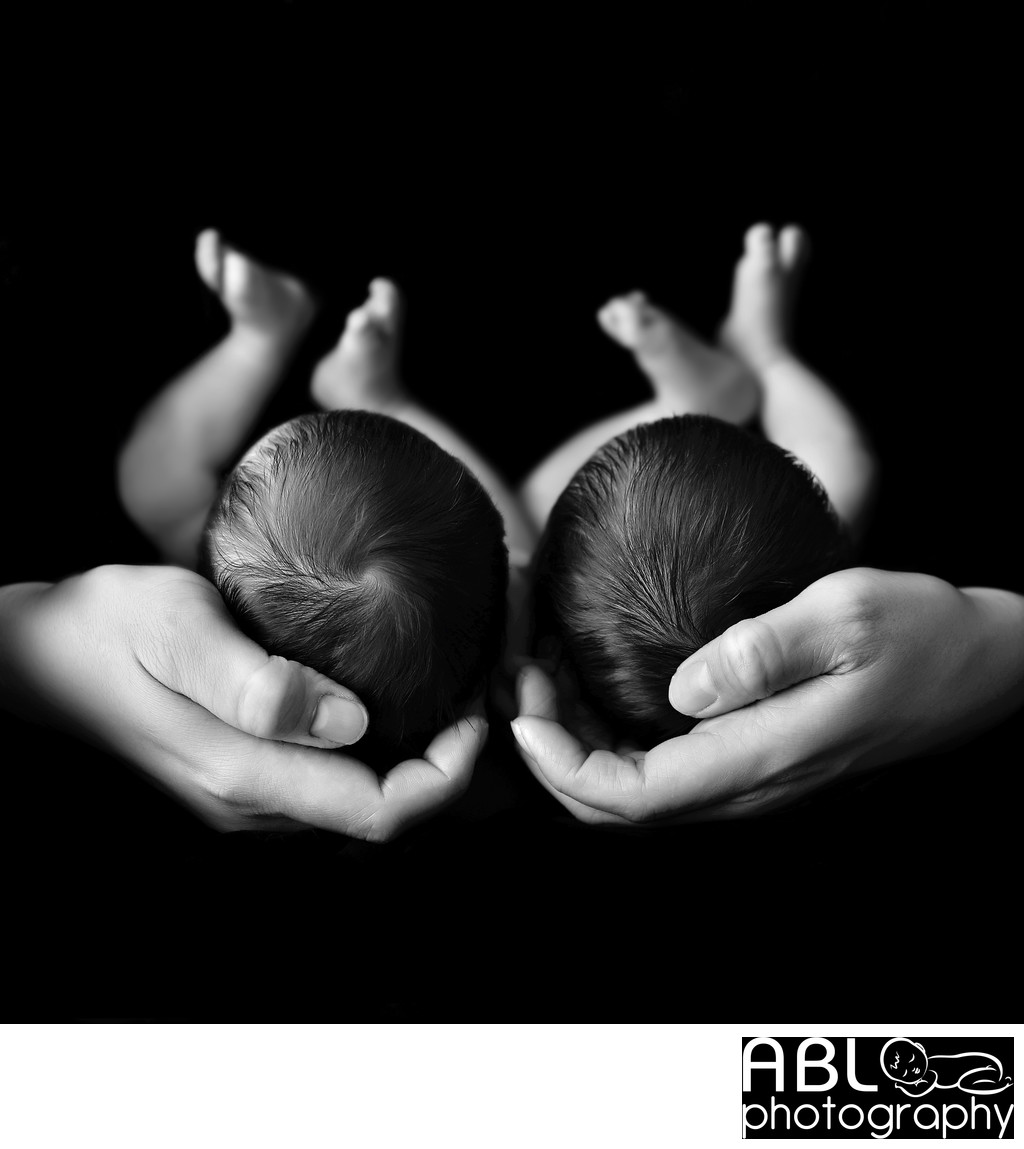 Newborn twin photography, black and white newborn art