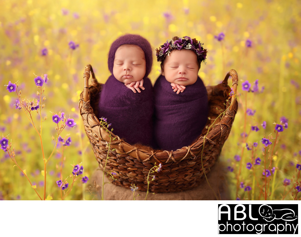 Twin outdoor newborn photography in Carlsbad, CA
