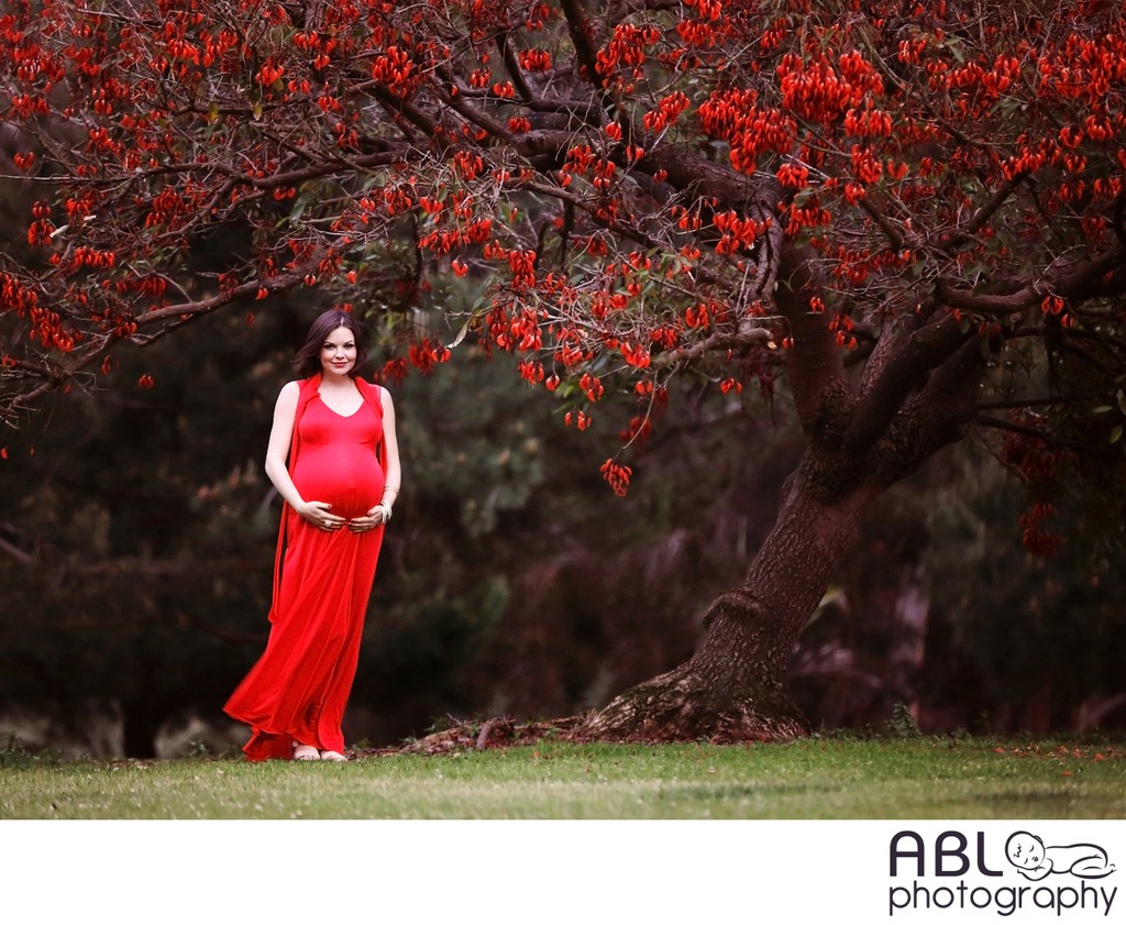 Pregnant girl in red maternity Dress
