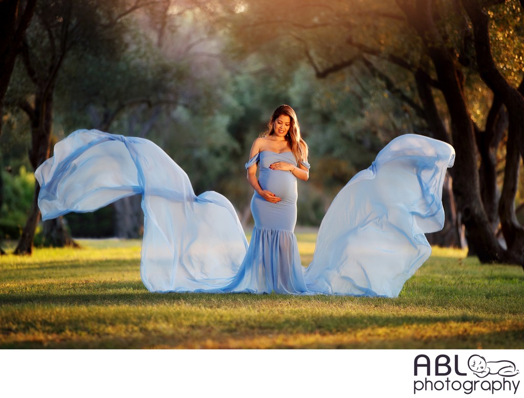 Maternity Photography San Diego Blue Silk Flowing Dress