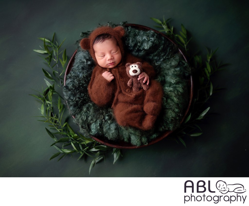 La Jolla newborn pictures, baby in brown bear outfit