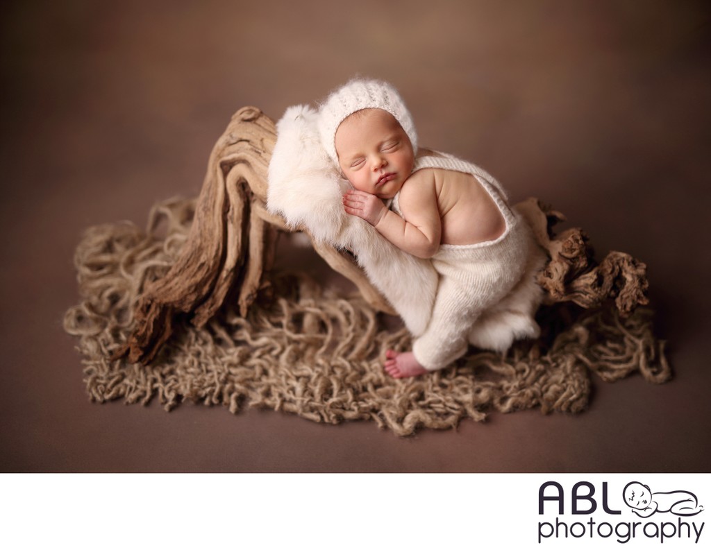 La Jolla newborn photo studio, baby on tree branch