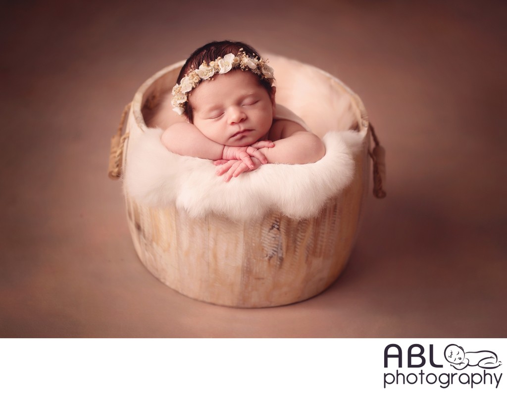 San Diego newborn baby studio, newborn girl in bucket
