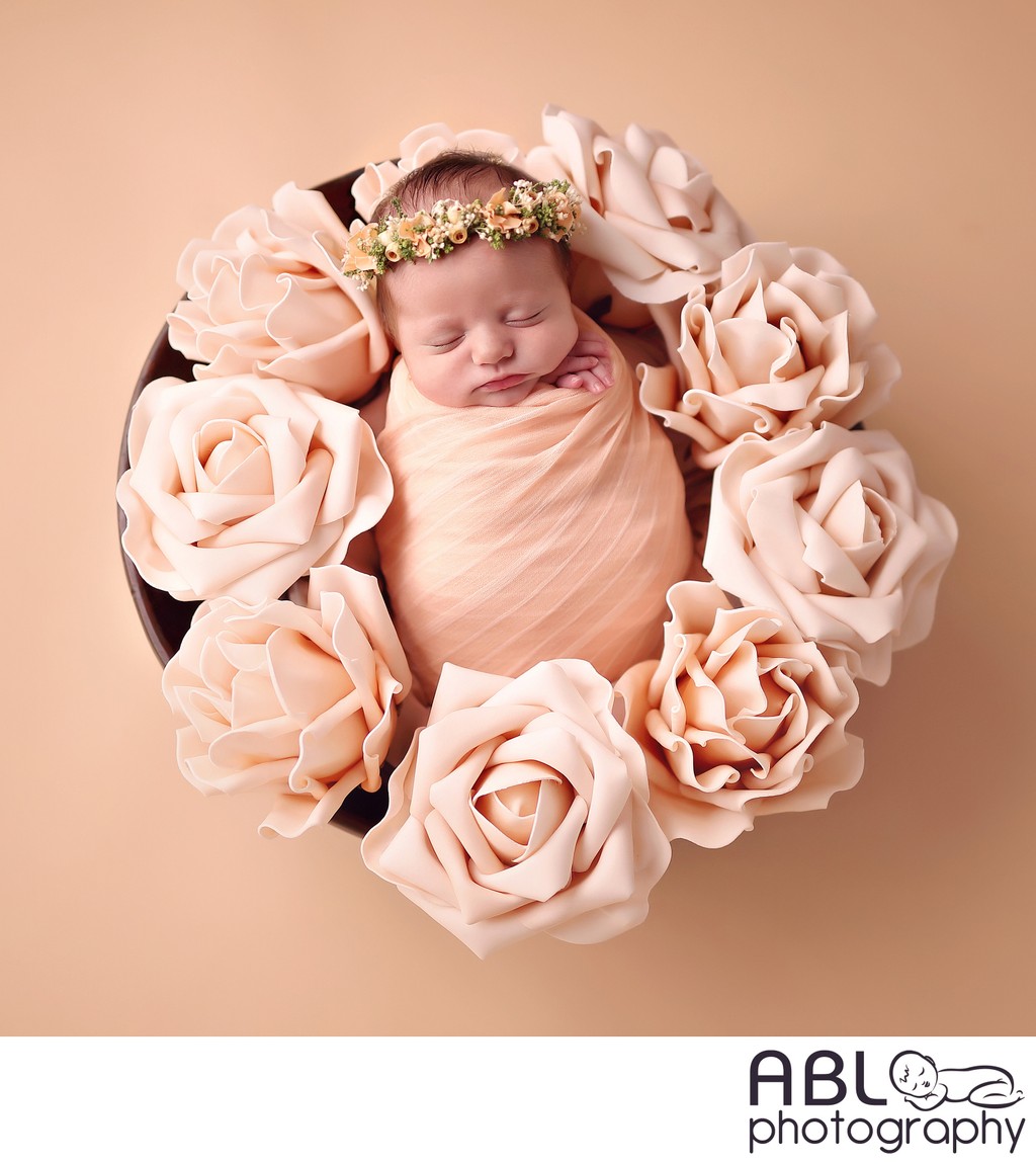 newborn girl in flower basket, Mira Mesa baby photos