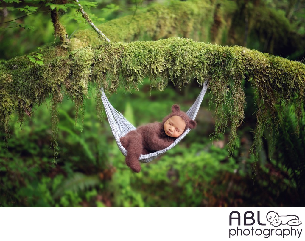 Newborn photos in San Diego. Baby in mossy hammock.