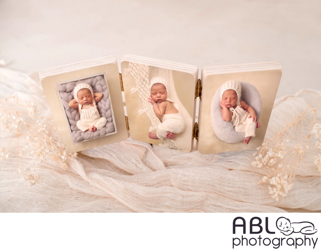 Triplets newborn photography, wooden blocks