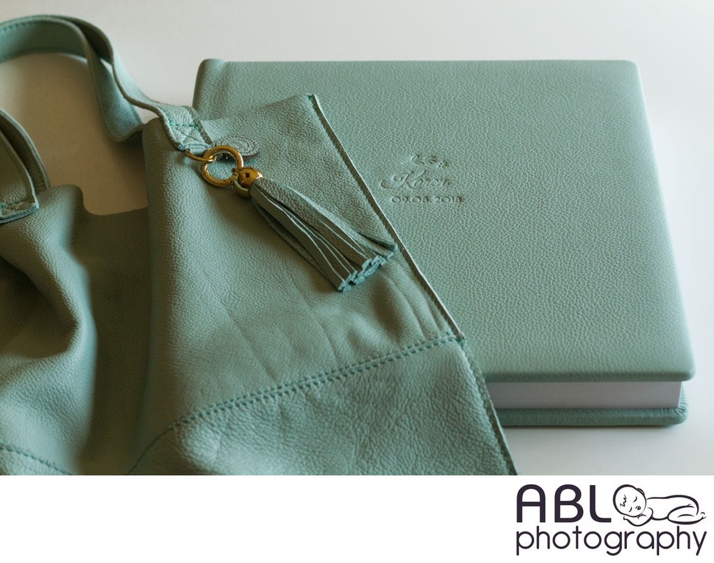 San Diego newborn photography, leather baby album