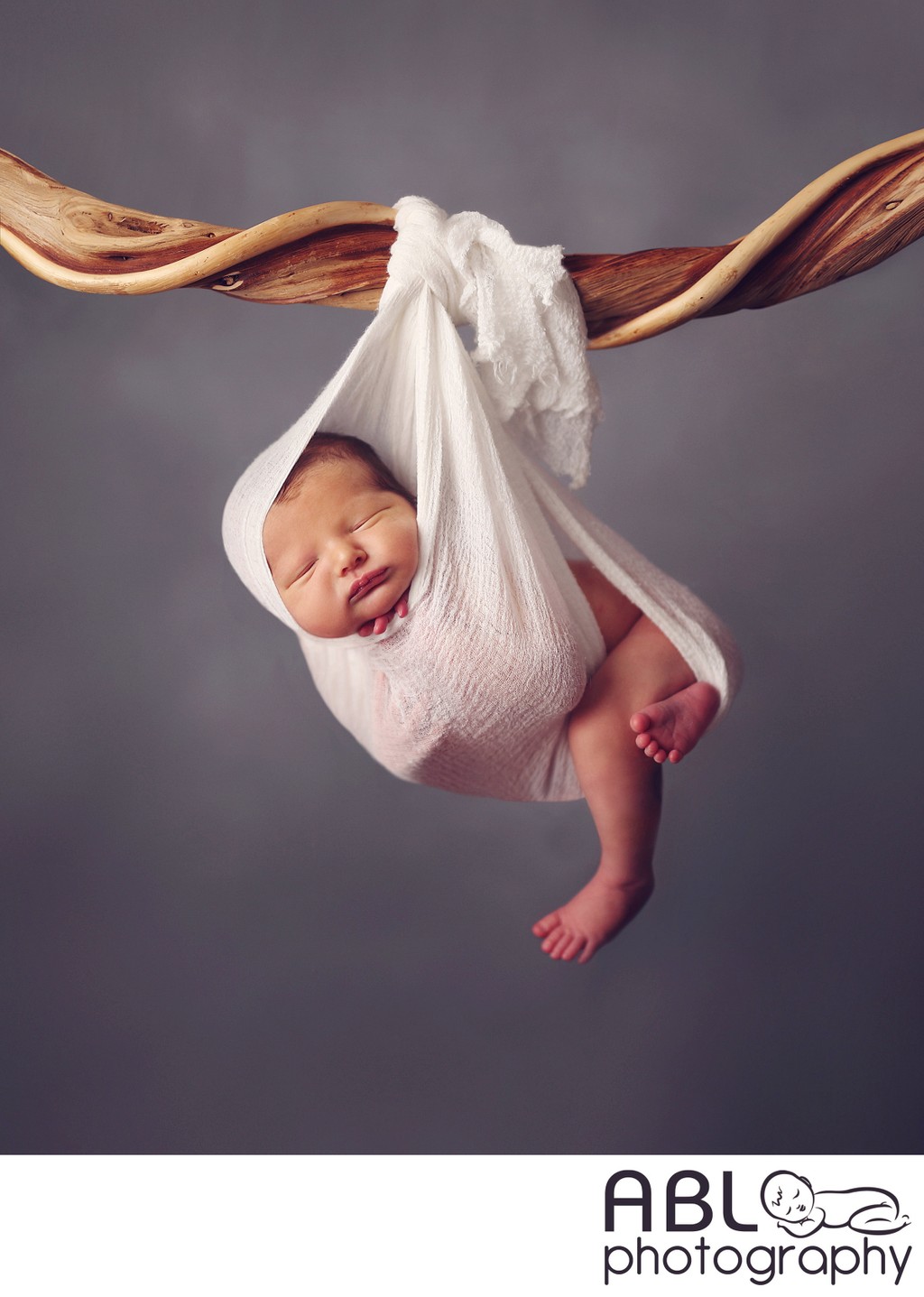 Baby hanging from tree branch