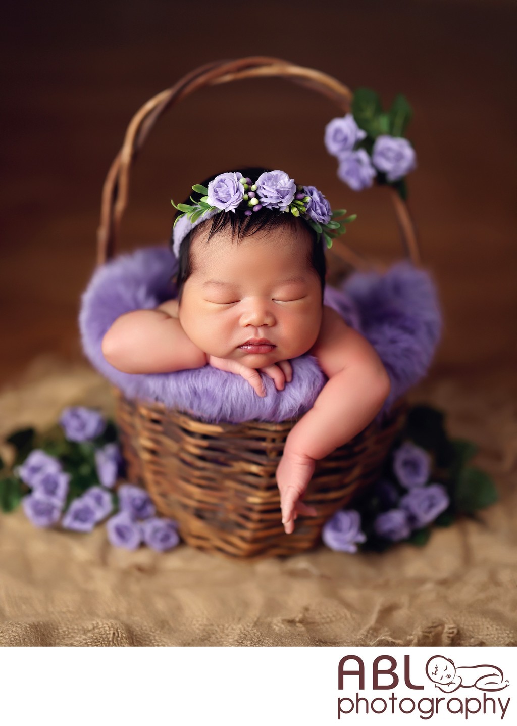 Newborn photography San Diego, baby in a purple basket