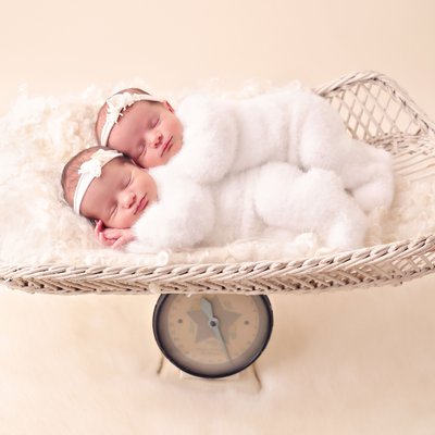 Del Mar twins newborn photographer, twin girls on scale