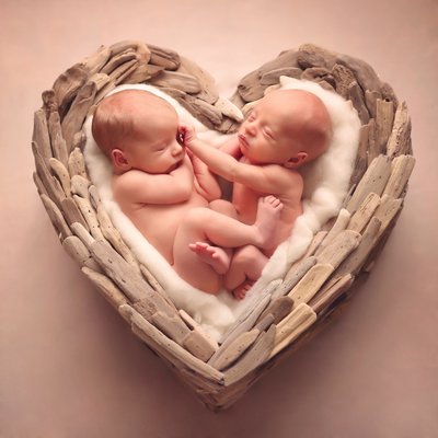 Newborn baby photos, twins in heart punching each other