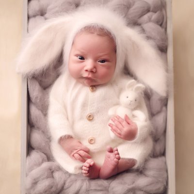 Funny newborn baby in fluffy bunny outfit